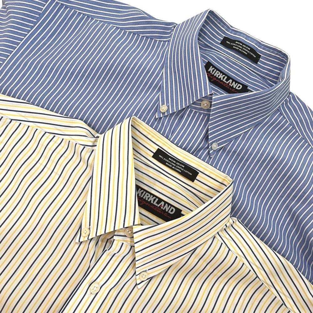 Kirkland Mens Signature Shirts Lot 2 16.5 33 Blue Yellow Striped Non-Iron Cotton